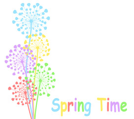 Spring time colorful background with bright dandelion flowers on white, stock vector illustration