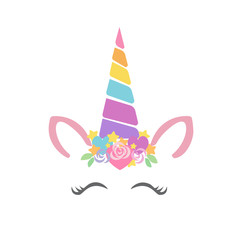 Happy unicorn face vector. Hand drawn style. Just believe. Birthday decoration theme illustration.