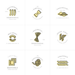 Vector set of logo design templates and emblems or badges. Italian pasta - noodle, macaroni. Linear logos.