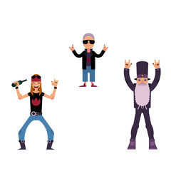 Vector flat rock music, culture people set. Alternative, heavy metal punk style long hair young man drinking beer, elderly men wtih white beard showing rock sign, old woman in sunglasses illustration