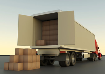 Unloading cardboard boxes from a truck. Freight transportation, Cargo delivery service