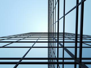 3D stimulate of highrise glass building and dark steel window system on blue clear sky...