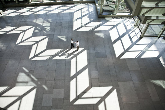 Male doctors conferring over medical records in a hospital lobby.