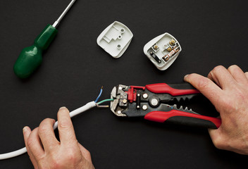 Electrician with plug and wire stripper