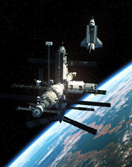 Obraz premium Space Station And Space Shuttle In Outer Space