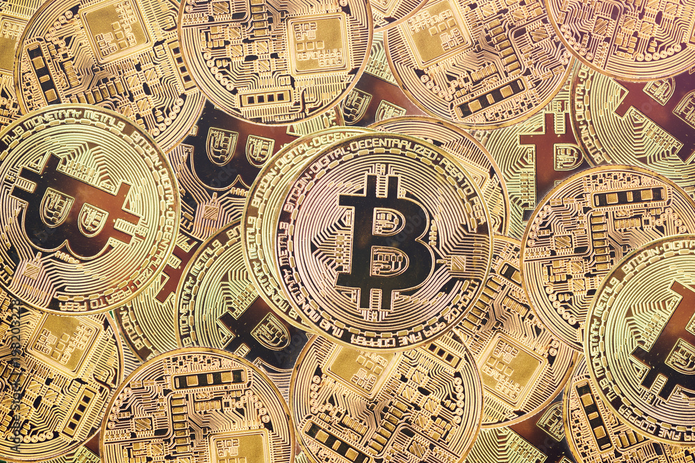 Poster golden bitcoyne. digital monitoring, verification and currency exchange. the concept of crypto curre