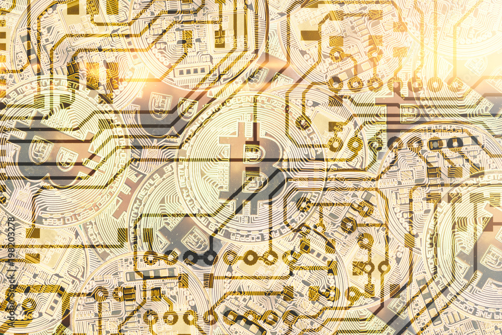 Poster golden bitcoyne. the concept of crypto currency. horizontal top view closeup bitcoat stack gold coin