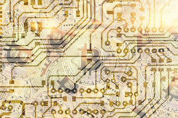 golden bitcoyne. The concept of crypto currency. horizontal top view closeup bitcoat stack gold coins background texture printed circuit board exchange concepts