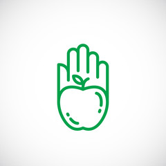 Apple Silhouette Incorporated in a Hand Palm Icon. Line Style Abstract Vector Sign, Symbol or Logo Template.
