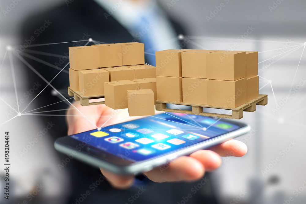 Fototapete pallet of carboxes with network connection system - 3d render