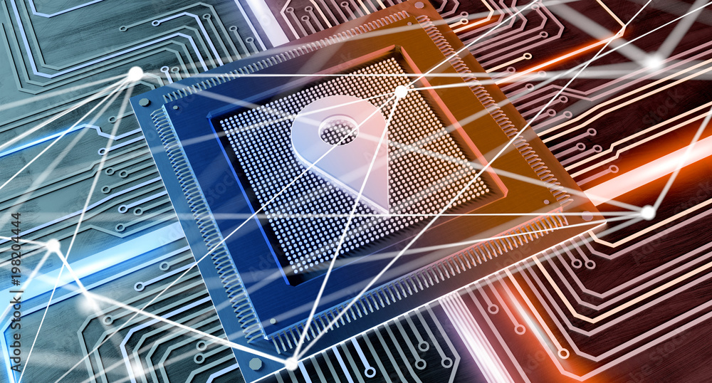 Poster cpu processor chip and network connection on a circuit board - 3d render