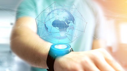 Businessman holding a Connected network over a earth globe concept on a futuristic interface - 3d rendering