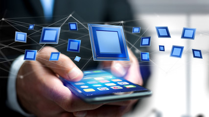 Businessman using a smartphone with a Processor chip and network connection - 3d render