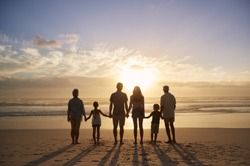 Rear View Of Multi Generation Family Silhouetted On Beach - Powered by Adobe
