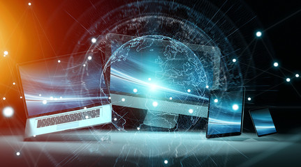 Worldwide server interface over modern tech devices 3D rendering