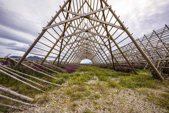 wooden structure for drying Cod in Laukvik