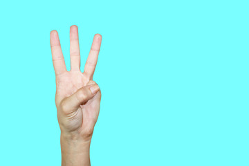 isolated on a blue background. Gestures of the hands - this is the one who shows the fingers