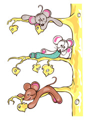 Illustration of three mice are on the cheese tree
