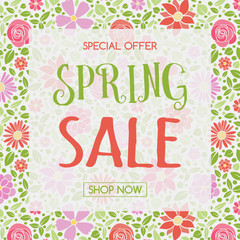 Poster with colorful hand drawn flowers - Spring Sale. Vector.