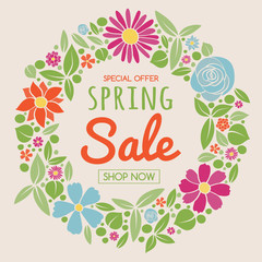 Poster with colorful hand drawn flowers - Spring Sale. Vector.