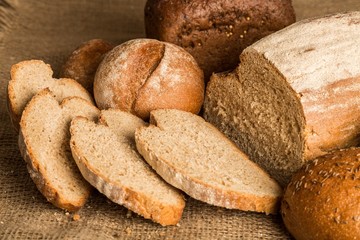 Assorted products breads on wooden table