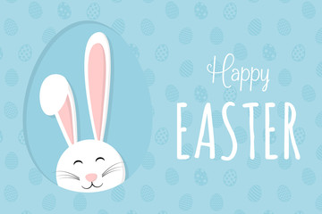 White bunny on eggs texture with wishes - concept of an Easter banner. Vector.