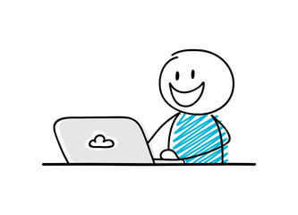 Funny stickman with angry happy facial expression working on laptop. Vector.