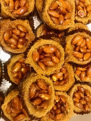 Close up of baklava, middle eastern delicacy, sweets with nuts and honey