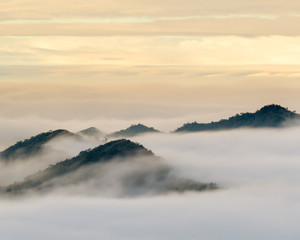 Fototapety  Góry w chmurach podczas wschodu słońca widziane z punktu widokowego Xiding w Alishan na Tajwanie