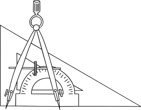 Hand Drawn Doodle Sketch Line Art Vector Illustration of Compasses, Triangle and Protractor. Student Courses Geometry and Draftsmanship Emblem Poster Banner Black Outline Design Element Template