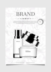 Opened cream on white flowers background. vector cosmetic ad