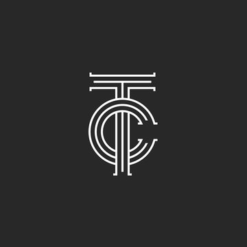 Letters TC logo monogram, overlapping thin lines CT initials emblem, linear style two letters T and C combination