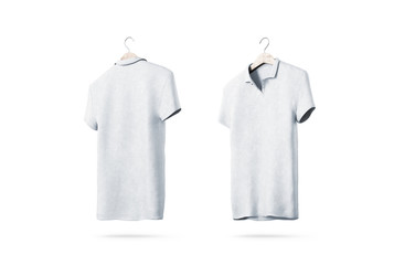 Blank white polo shirt with hanger mockup isolated, front and back side view, 3d rendering. Empty...
