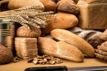 Assorted products breads on wooden table