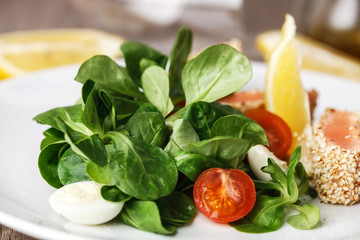 salad with salmon grilled in sesame seeds, cherry tomatoes and quail egg on wooden table