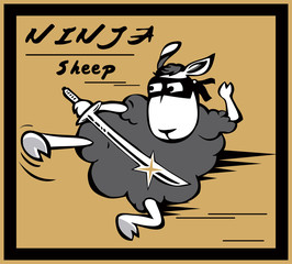 Cartoon ninja sheep with eye mask and sword in hand.Hot shot.Shooting. © Mariyana