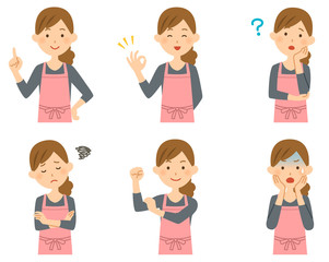 エプロンの女性　ポーズ　セット