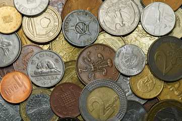 Money coins different countries with a lot of texture