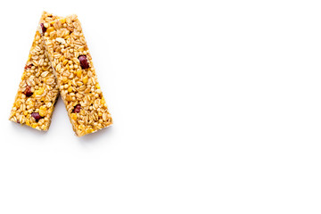 Sport bars for fast energy. White background top view copy space