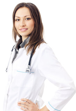 Happy smiling female doctor, over white