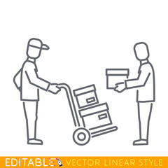 Courier, delivers goods, parcel, boxes to the recipient. Delivery service man carrying boxes, using dolly. Editable stroke sketch icon. Stock vector illustration.