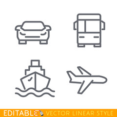 Transport icons. Airplane, Public bus, Ship or Ferry and car signs. Delivery goods and passengers. Shipping symbols. Editable stroke sketch icon. Stock vector illustration.