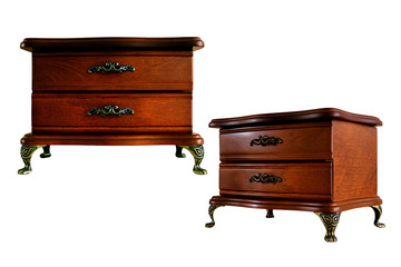 Wooden box, сasket for women's jewelry in the form of a chest of drawers. Isolated, white background.