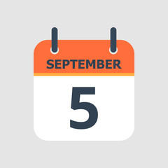 Flat icon calendar 5th of September isolated on gray background. Vector illustration.