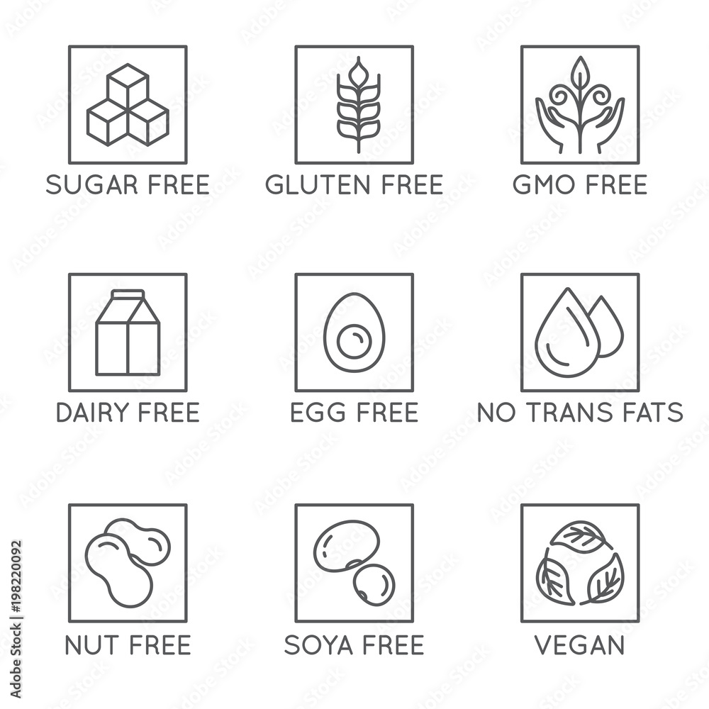 Poster vector set of design elements and icons for healthy food packaging without allergens