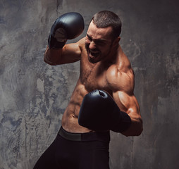 A brutal muscular boxer with boxing gloves working on punching technique.