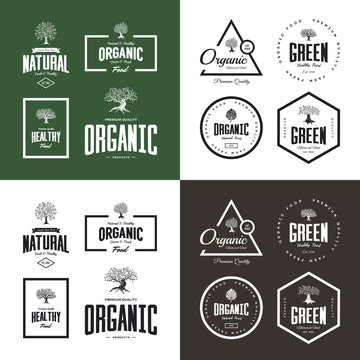 Organic natural and healthy farm fresh food retro emblem set
