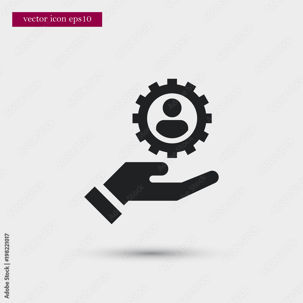 Poster gear with user on hand icon. simple hr element illustration. work symbol design from business collec