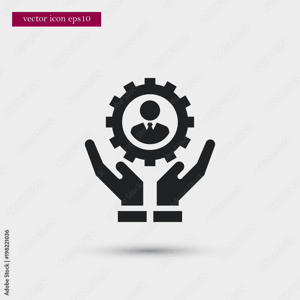 Poster gear with user on hand icon. simple hr element illustration. work symbol design from business collec