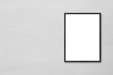 Mock up blank poster picture frame hanging on white marble wall background in room - can be used...